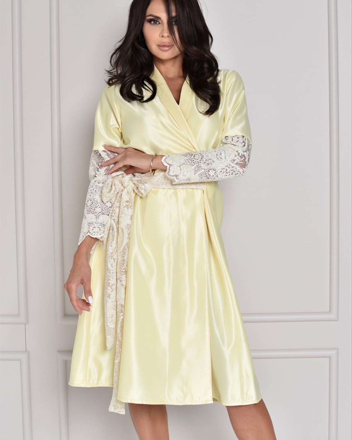 Lace-sleeve wrap dress